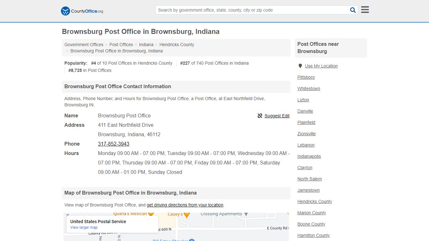 Brownsburg Post Office in Brownsburg, Indiana - County Office